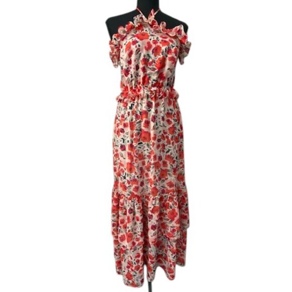 MISA Gia Red Floral Chiffon Halter Long Maxi Dress XS - Picture 1 of 14